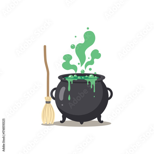 Cartoon Witch Cauldron Brewing Green Magical Potion.