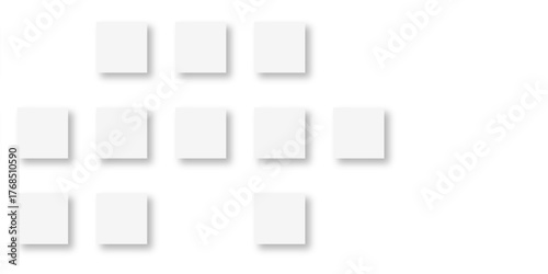 Random offset small white cubes, blocks or boxes background wallpaper banner with copy space. 3d architecture pattern design. Template for branding business. Squares Texture. 3D Rendering .
