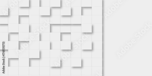 Random offset small white cubes, blocks or boxes background wallpaper banner with copy space. 3d architecture pattern design. Template for branding business. Squares Texture. 3D Rendering .
