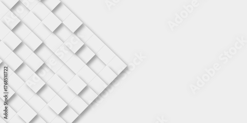 Random offset small white cubes, blocks or boxes background wallpaper banner with copy space. 3d architecture pattern design. Template for branding business. Squares Texture. 3D Rendering .
