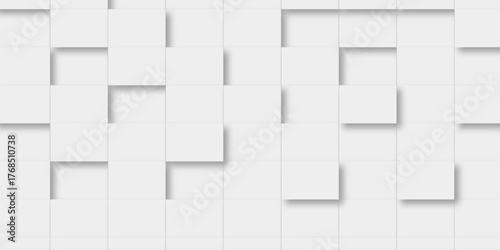 Random offset small white cubes, blocks or boxes background wallpaper banner with copy space. 3d architecture pattern design. Template for branding business. Squares Texture. 3D Rendering .
