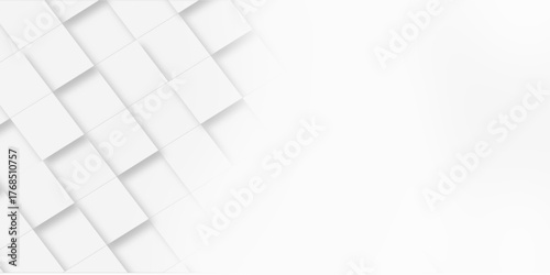 Random offset small white cubes, blocks or boxes background wallpaper banner with copy space. 3d architecture pattern design. Template for branding business. Squares Texture. 3D Rendering .
