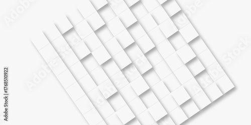 Random offset small white cubes, blocks or boxes background wallpaper banner with copy space. 3d architecture pattern design. Template for branding business. Squares Texture. 3D Rendering .
