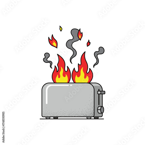 Cartoon toaster engulfed in bright flames.