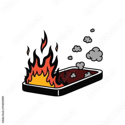 Cartoon Smartphone On Fire And Smoking.