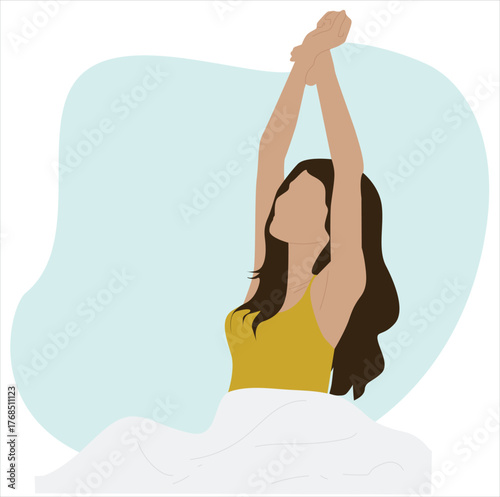 woman waking up. girl waking up in the morning sunshine looking at sunrise sun in window excited to enjoy the day. 