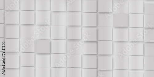 Random offset small white cubes, blocks or boxes background wallpaper banner with copy space. 3d architecture pattern design. Template for branding business. Squares Texture. 3D Rendering .
