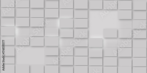 Random offset small white cubes, blocks or boxes background wallpaper banner with copy space. 3d architecture pattern design. Template for branding business. Squares Texture. 3D Rendering .
