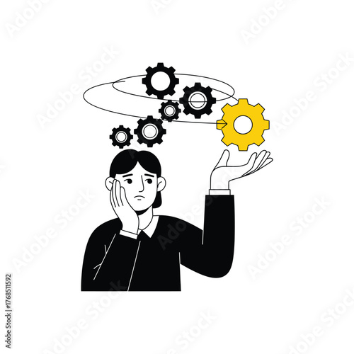 Young person thinking with floating mechanical gears.