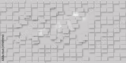 Random offset small white cubes, blocks or boxes background wallpaper banner with copy space. 3d architecture pattern design. Template for branding business. Squares Texture. 3D Rendering .
