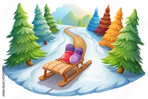 Wooden sled with colorful mittens on snow covered path beside pine trees representing adventure and fun in winter forest