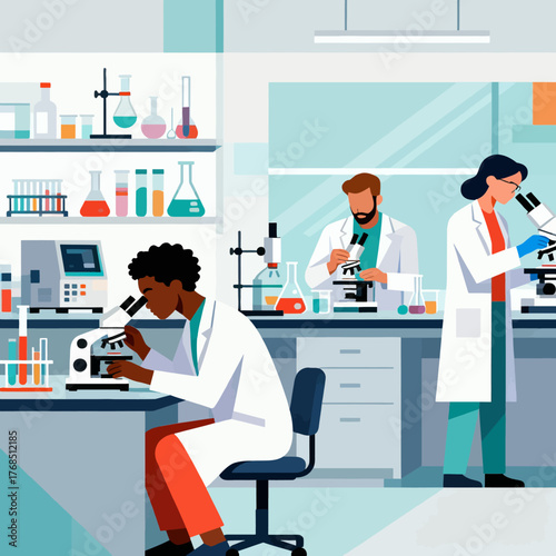 Diverse research team working in modern laboratory, conducting experiments with microscopes, contributing to scientific advancement and medical breakthroughs