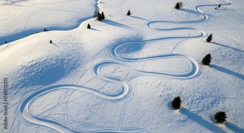 An aerial view of winding ski tracks curving through fresh powder on a sunlit, snow-covered hillside.