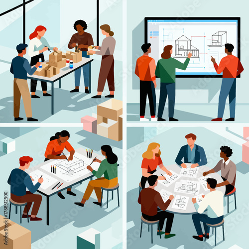 Diverse team brainstorming architectural designs, creating models, and collaborating on plans for innovative housing projects in a modern, collaborative workspace