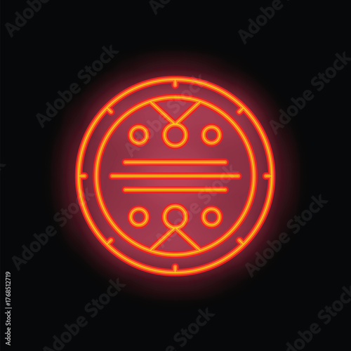 Glowing neon sign of a talisman with esoteric symbols, shining brightly against a dark brick wall