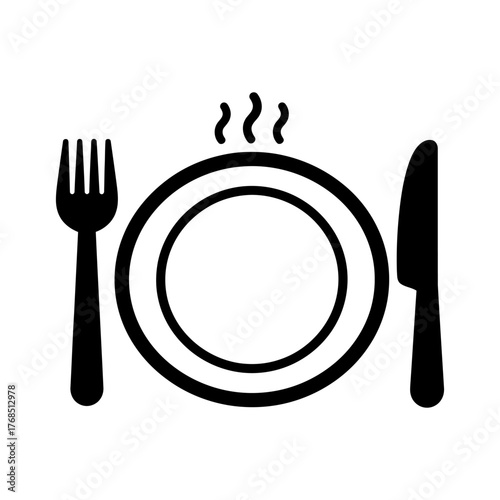 Minimalist Black Fork Knife Plate Steaming Food Icon