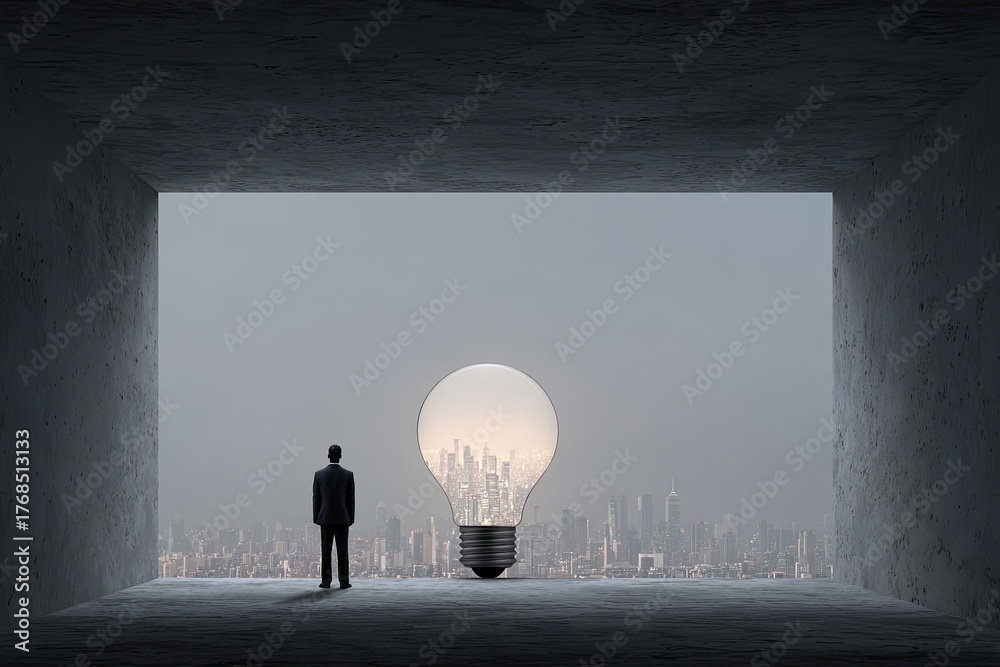 Obraz premium A silhouetted figure gazes at a cityscape within a glowing lightbulb, symbolizing innovation
