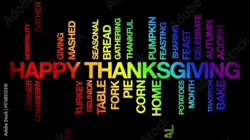 Happy thanksgiving concept Animated Tag Word Cloud kinetic typography, Text Design Animation typography seamless loop video motion graphics Intro, Word Art Looping rainbow type on black backdrop bg