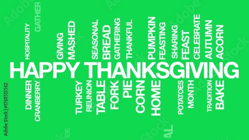 Happy thanksgiving concept Animated Tag Word Cloud kinetic typography, Text Design Animation typography seamless loop video motion graphics Intro, Word Art Looping green screen backdrop background bg