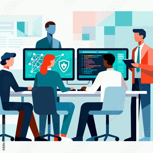 Diverse tech team collaborating on cybersecurity & data protection with modern software, innovating solutions for digital safety in a bright office space