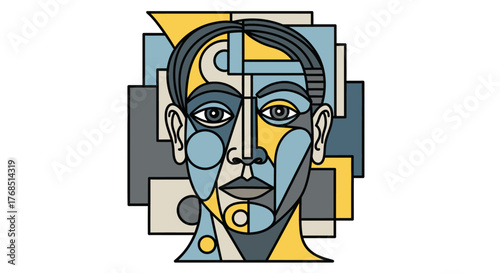 Abstract geometric portrait illustration with stylized facial features and modern design