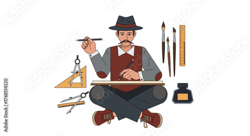 Retro artistic man drawing with tools and wearing a hat in a vintage style illustration