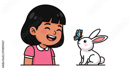 Cheerful illustration of a girl and a rabbit adorned with a butterfly on its head expressing joy