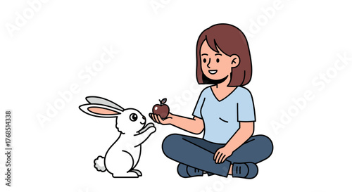 Illustration showing a girl offering an apple to a cute white rabbit on a plain background