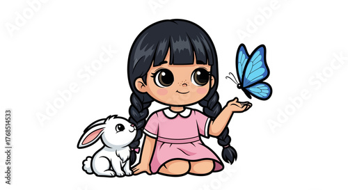 A whimsical illustration of a little girl with a bunny and a butterfly animation 2d vector