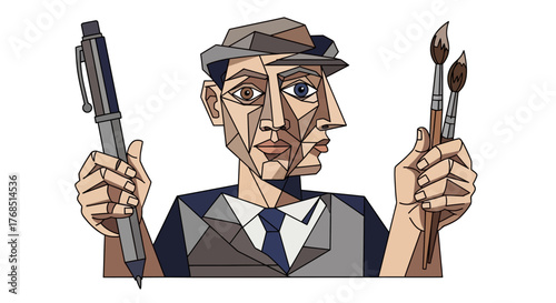 Geometric artist figure holding a pen and paint brushes creative professions duality
