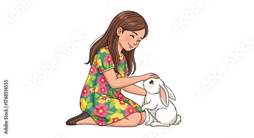 Illustration of a young girl with a floral dress petting a fluffy white bunny happily sharing a