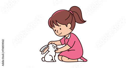 Illustration of a young girl in a pink dress gently petting a small white rabbit in heartwarming