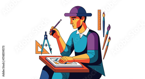 Illustration depicting an architect or designer working on a blueprint with precision tools and