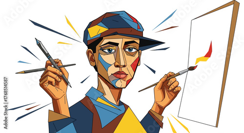 Stylized cartoon illustration of a male artist painting on a canvas in a modern design