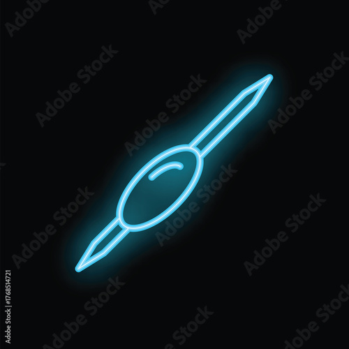 Glowing blue neon icon of an awl tool on a black background