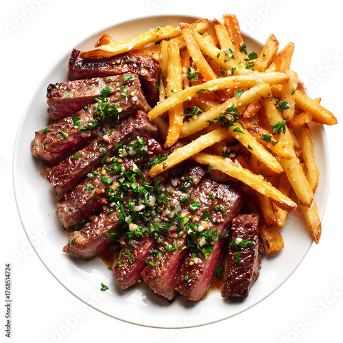 Delicious looking steak frites on a white plate isolated on transparent background