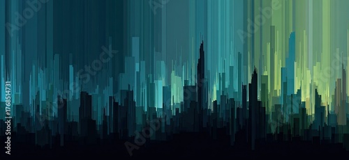 Abstract image of a cityscape with long, vertical lines in teal, green, and black colors