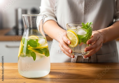 Healthy lifestyle image showing a person with a glass of natural lemon mint water in a kitchen.
