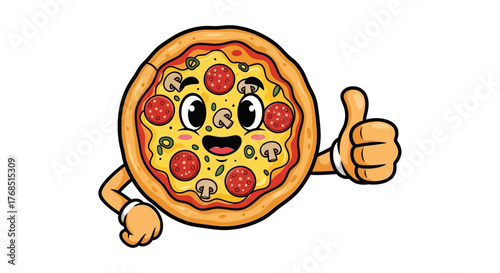 Enchanting pepperoni pizza character with cheerful expression and playful thumbs up illustration
