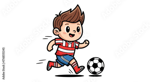 Enthusiastic cartoon boy joyfully dribbling a soccer ball on a white canvas full of energy