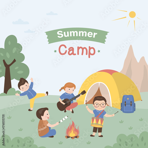 Summer Camp for kids. Happy girl with guitar and boy scout sing songs, roasting marshmallows. Team of scouts sitting near campfire and tent. Kids summer camp with school tour.