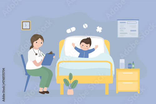 Child rejoices at recovery. Happy boy after illness. Pediatrician or nurse and schoolищн in medical ward interior. Healthy child, after treatment. First aid, medical support.
