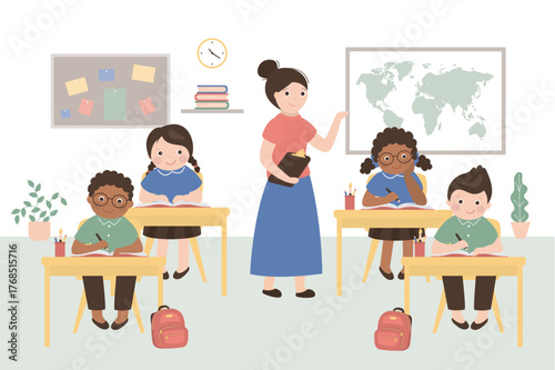School lesson. Little students and teacher. Classroom interior with furniture. Multi ethnic students at desk. Classmates and mentor in classroom.