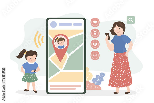 Monitoring whereabouts of kid. Phone screen with geolocation tracking app. Concept of parental control and protection. Mother communicate with child through smartwatch.