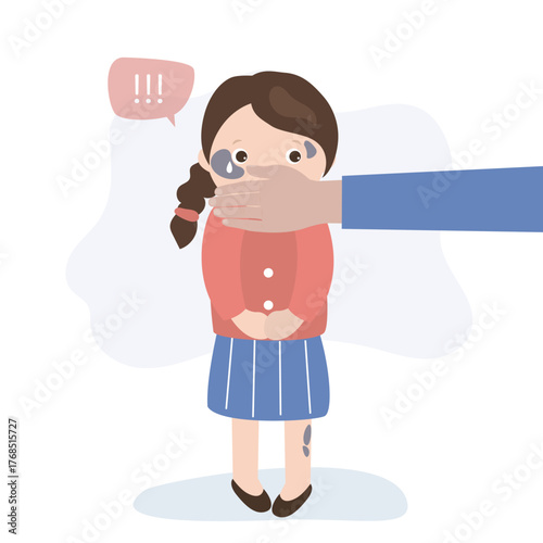 Scared young girl with adult man's hand covering his mouth. Innocent children, women victims aggression. Crying little child. Domestic violence