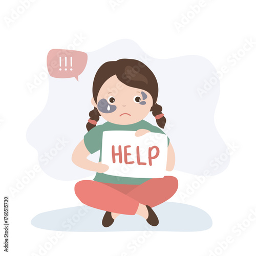 Stop violence against women. Sad kid with sign - HELP. Equality and tolerance. Stop gender discrimination and abuse. Little girl with bruise and scratch.