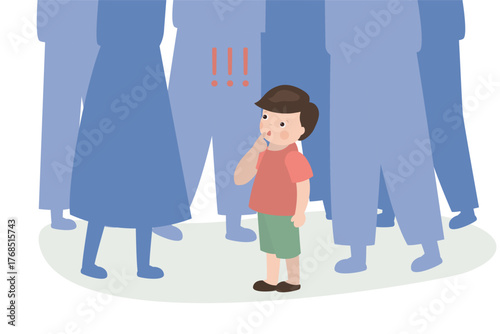 Baby character need help. Little child get lost in public place, scared boy searching mother in big city with human legs silhouettes. crowd of cartoon people.