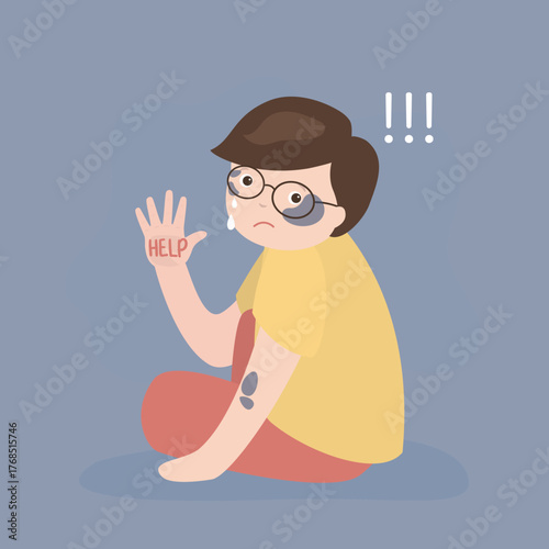 Stop violence against children. Sad kid with hand gesture - Stop. Equality and tolerance. Stop discrimination and abuse. Little caucasian boy with bruise and scratch