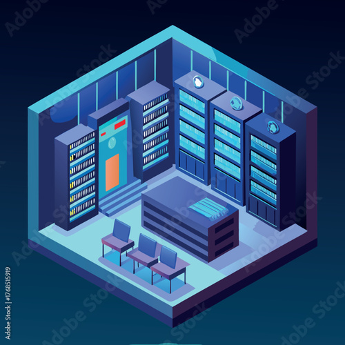 Isometric data center interior with rows of server racks and cooling systems digital technology concept