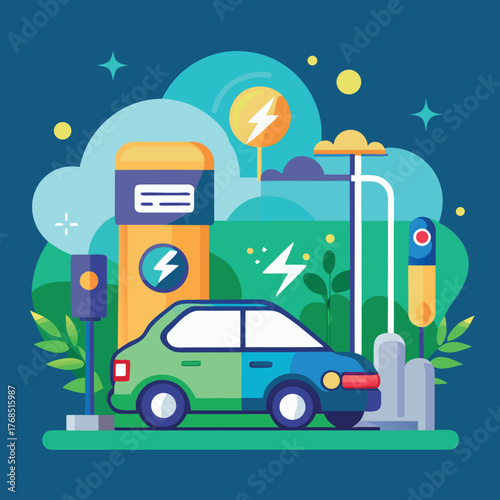Stylized electric vehicle charging station with a modern car icon for green energy and transportation concepts